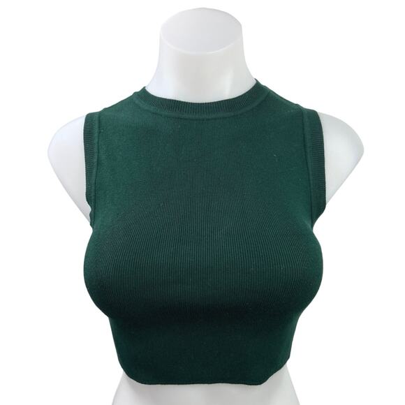 Zara Green Ribbed Knit Sleeveless Crewneck Stretch Casual Crop Tank Top Size M - Picture 1 of 4